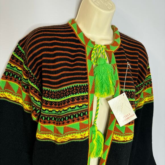 Helen Sue Vtg 70s Southwest Motifs Print Cardigan Tassel Tie Closure Bohemian - Picture 2 of 14
